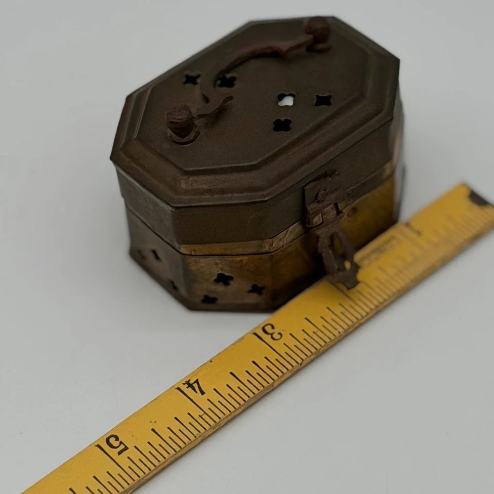 Vintage Brass Octagon Trinket Box Made in India Hinged Latch Star Cutouts Handle
